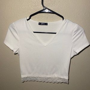 White V-Neck Crop Top with Lace Trim